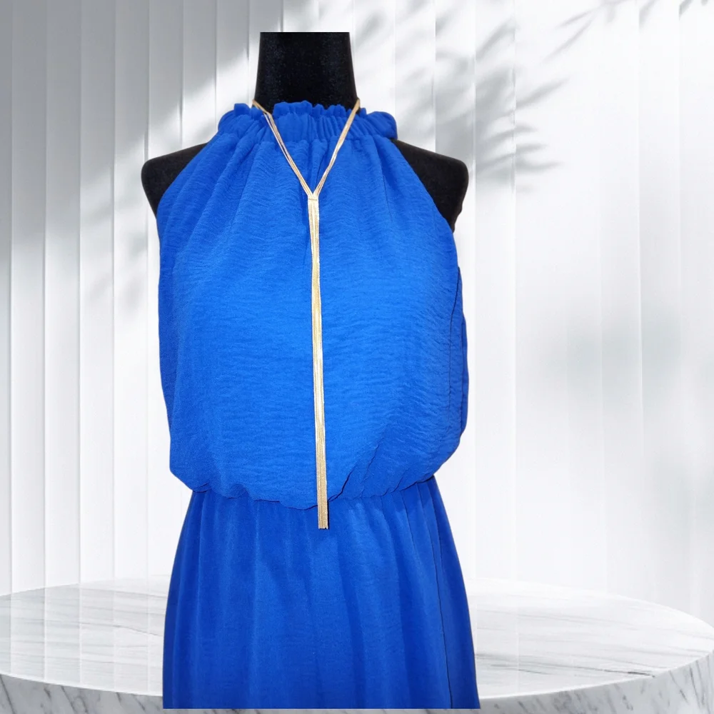 Tacera Blue Halter Tiered Midi Sundress - Picture 2 of 5